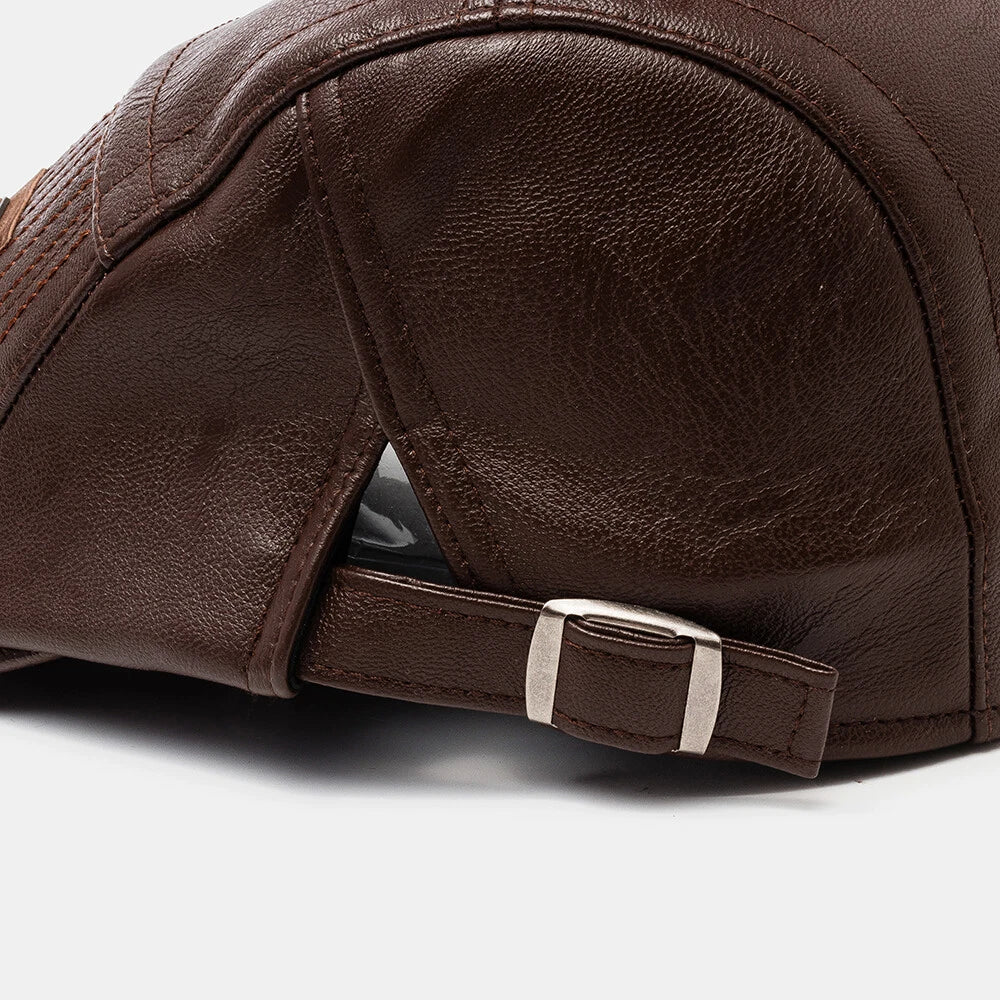 Adjustable Leather Beret Flat Cap - Ivy Newsboy Style
