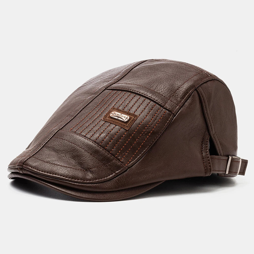 Adjustable Leather Beret Flat Cap - Ivy Newsboy Style