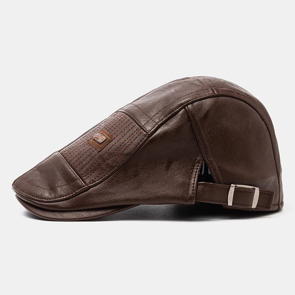 Adjustable Leather Beret Flat Cap - Ivy Newsboy Style