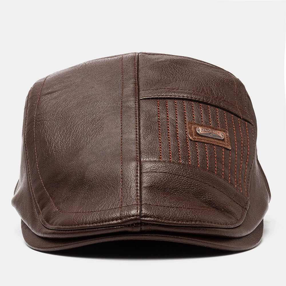 Adjustable Leather Beret Flat Cap - Ivy Newsboy Style