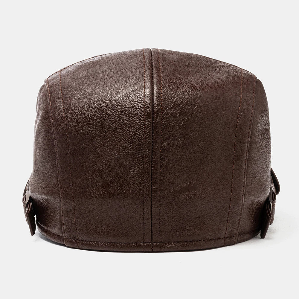 Adjustable Leather Beret Flat Cap - Ivy Newsboy Style