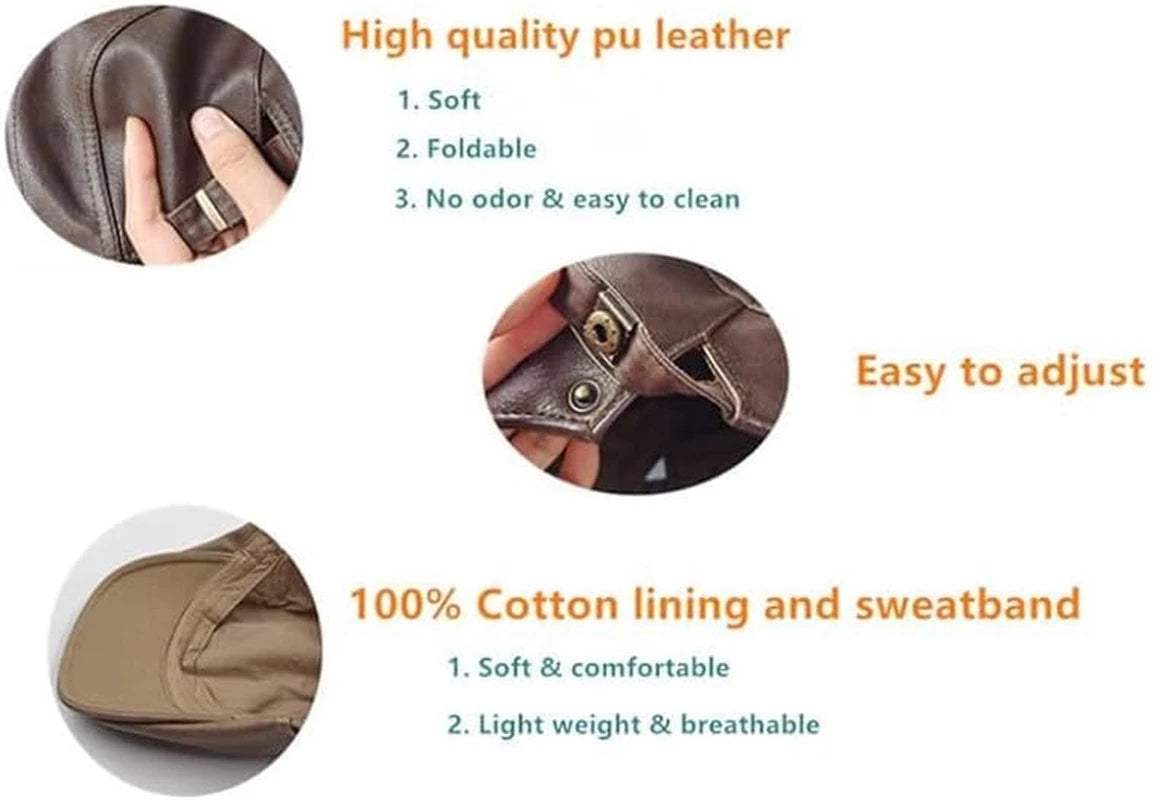 Adjustable Leather Newsboy Flat Cap - Gatsby Driving Style