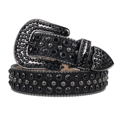 All-Black Rhinestone Star Studded Western Belt - Genuine Leather