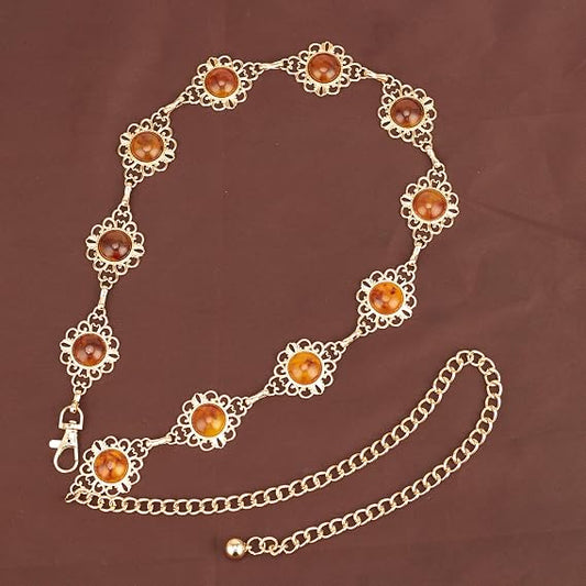 Amber Gemstone Filigree Chain Belt - Slim Vintage Style