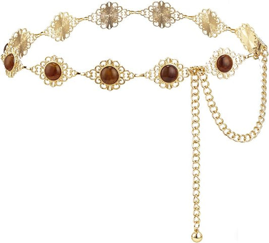 Amber Gemstone Filigree Chain Belt - Slim Vintage Style