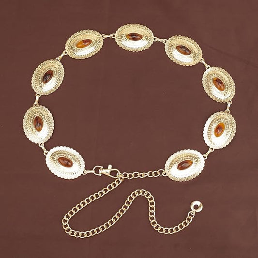 Amber Gemstone Filigree Chain Belt - Wide Vintage Style
