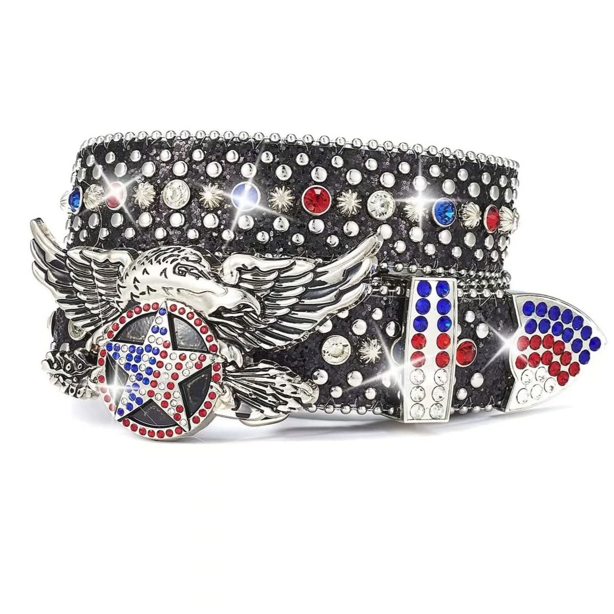 American Eagle Star Rhinestone Black Belt - Patriotic Red, White & Blue