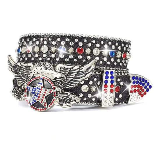 American Eagle Star Rhinestone Black Belt - Patriotic Red, White & Blue