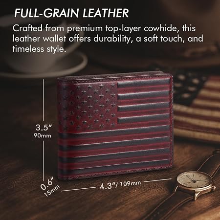 American Flag Full Grain Leather Bifold Wallet with RFID Blocking