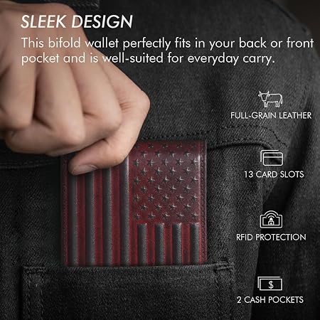 American Flag Full Grain Leather Bifold Wallet with RFID Blocking