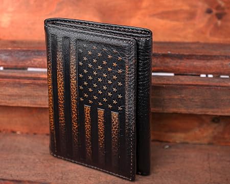 American Flag Full Grain Leather Trifold Wallet with RFID Blocking