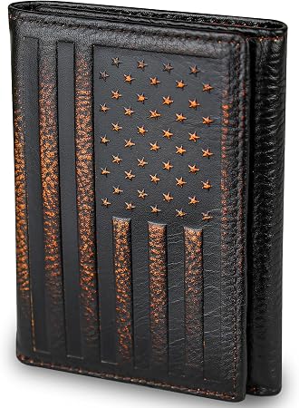 American Flag Full Grain Leather Trifold Wallet with RFID Blocking