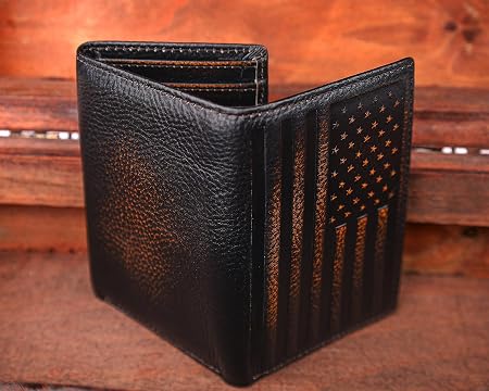 American Flag Full Grain Leather Trifold Wallet with RFID Blocking