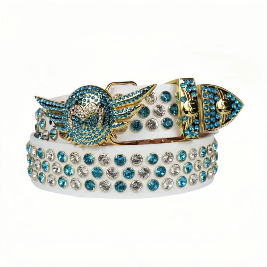 Angel Wings Rhinestone Belt – Blue Crystals, White Glitter Strap, Unisex