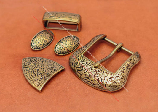 Antique Brass Western Cowboy Floral Belt Buckle 5-Piece Set for 1.5" Belts