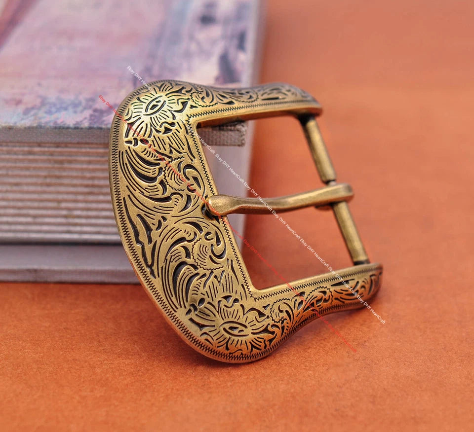 Antique Brass Western Cowboy Floral Belt Buckle 5-Piece Set for 1.5" Belts