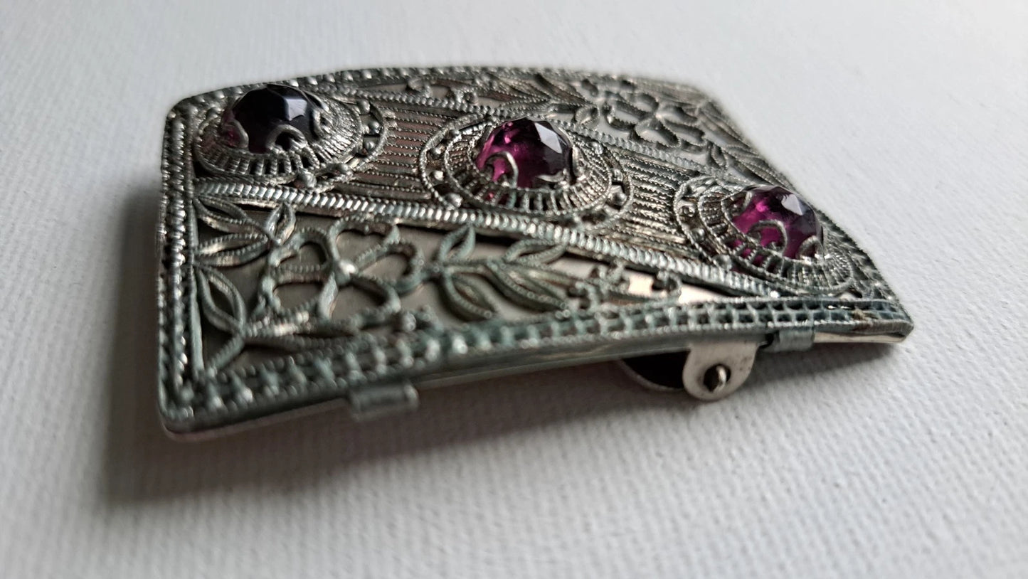 Antique Filigree Ruby Glass Flower Buckle - Statement Piece