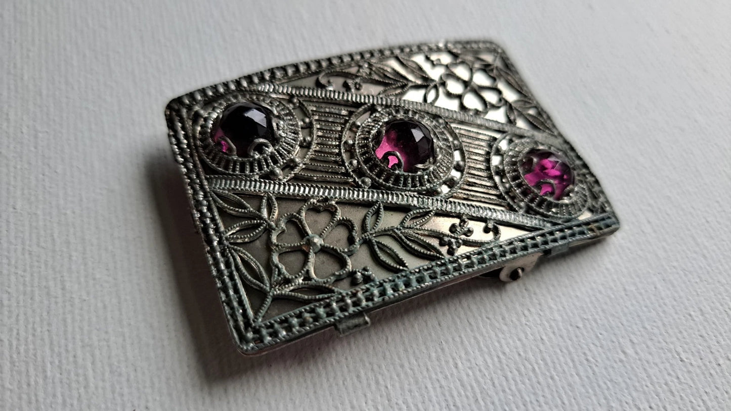 Antique Filigree Ruby Glass Flower Buckle - Statement Piece