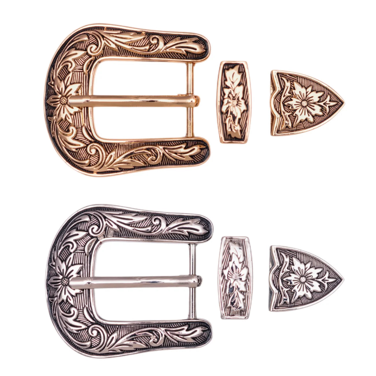 Antique Silver & Bronze Floral Engraved Western Belt Buckle Set - 1" Cowboy/Cowgirl