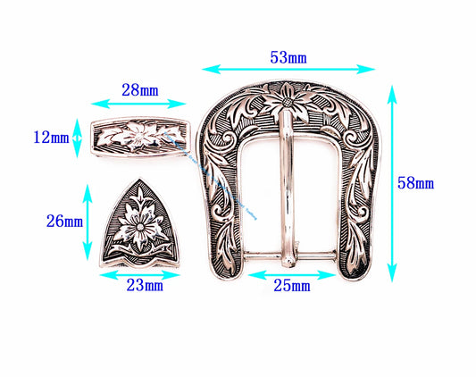 Antique Silver & Bronze Floral Engraved Western Belt Buckle Set - 1" Cowboy/Cowgirl