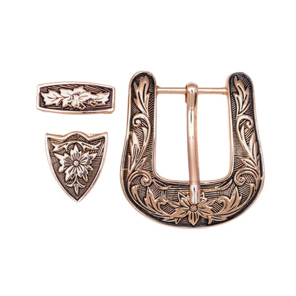 Antique Silver & Bronze Floral Engraved Western Belt Buckle Set - 1" Cowboy/Cowgirl