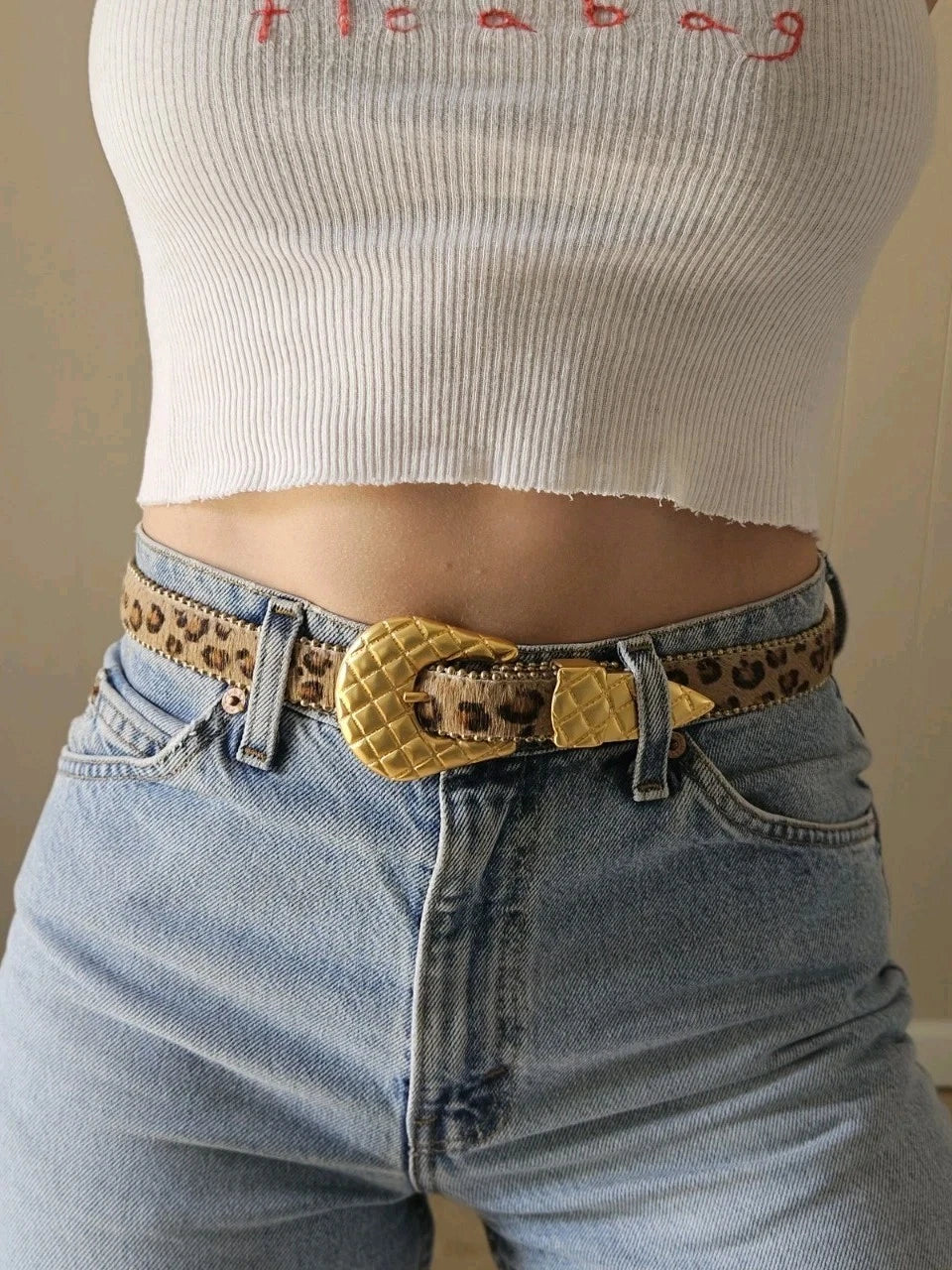 Vintage Leopard Print Hair-On Hide Belt - Gold Buckle