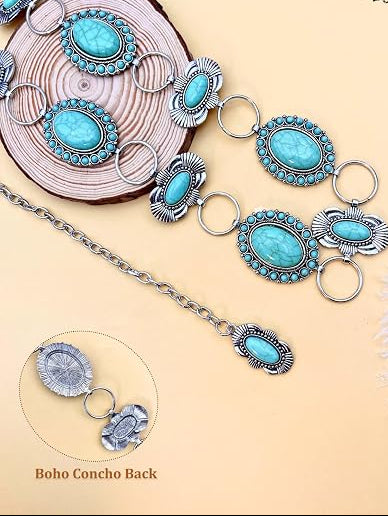Turquoise Floral Concho Chain Belt - Silver Western Belt