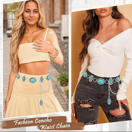 Turquoise Floral Concho Chain Belt - Silver Western Belt