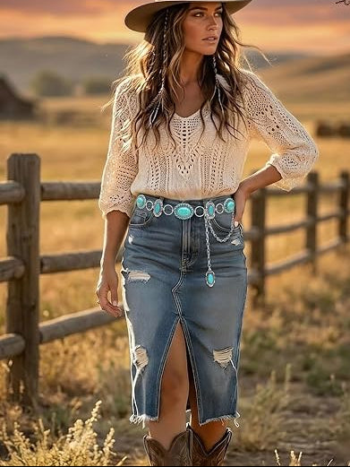 Turquoise Floral Concho Chain Belt - Silver Western Belt