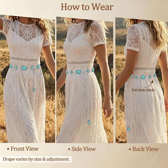 Turquoise Floral Concho Chain Belt - Silver Western Belt