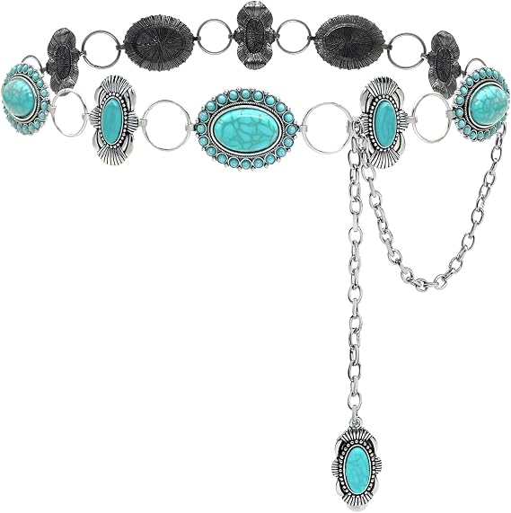 Turquoise Floral Concho Chain Belt - Silver Western Belt