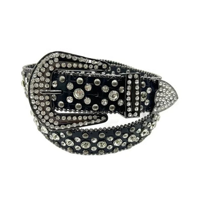 Black Croc-Style Rhinestone Belt | Studded Bling, Prong-Set Stones
