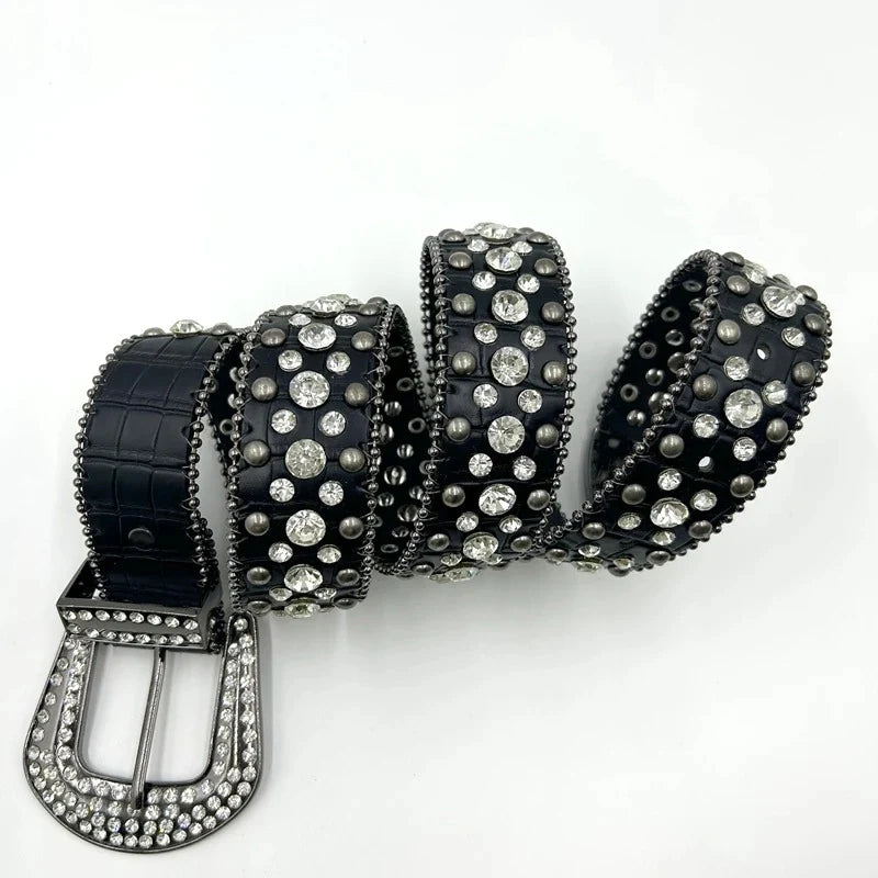 Black Croc-Style Rhinestone Belt | Studded Bling, Prong-Set Stones