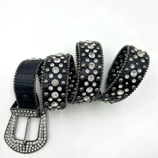 Black Croc-Style Rhinestone Belt | Studded Bling, Prong-Set Stones