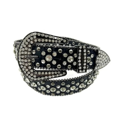 Black Croc-Style Rhinestone Belt | Studded Bling, Prong-Set Stones