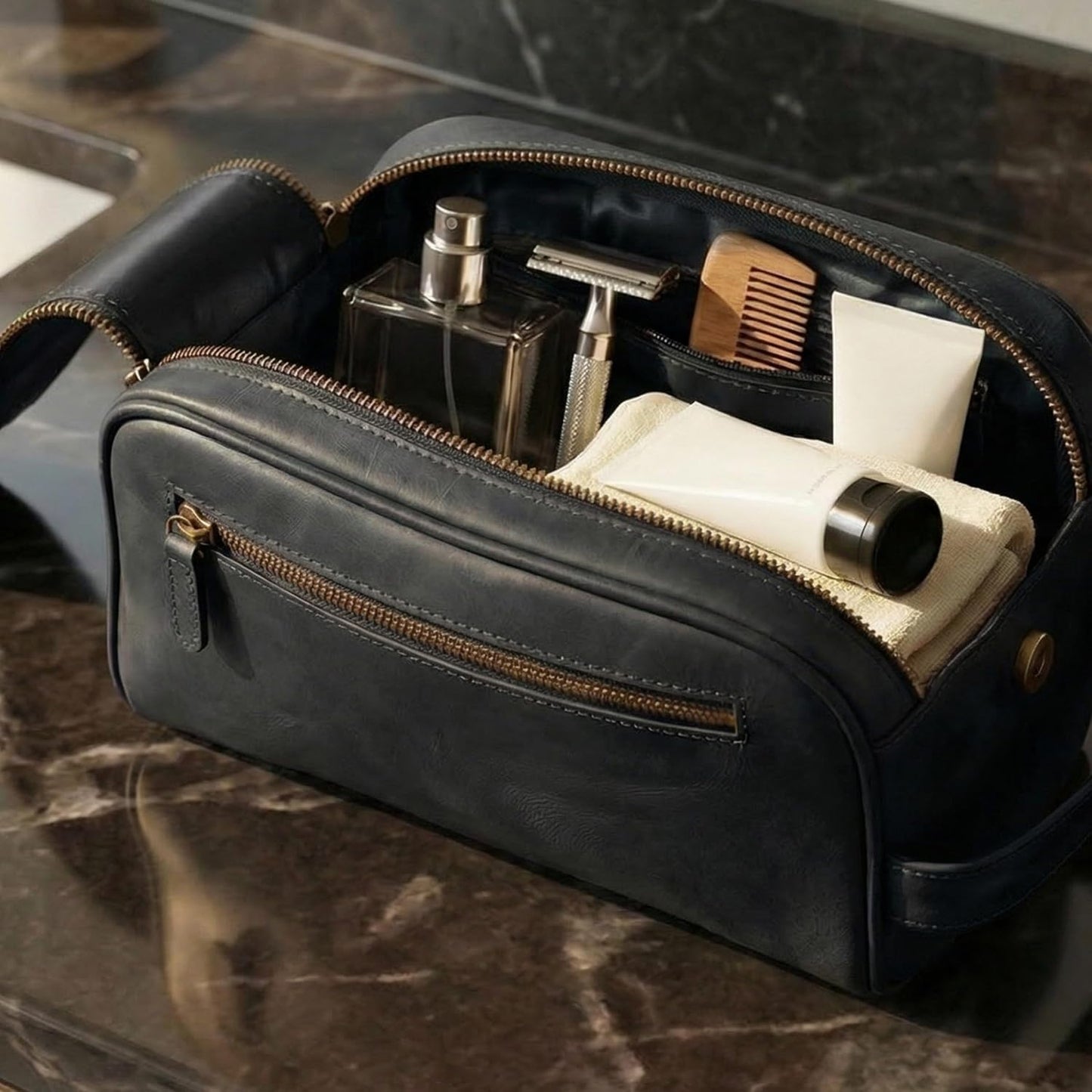 Black Full Grain Leather Toiletry Bag with YKK Zipper