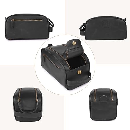 Black Full Grain Leather Toiletry Bag with YKK Zipper