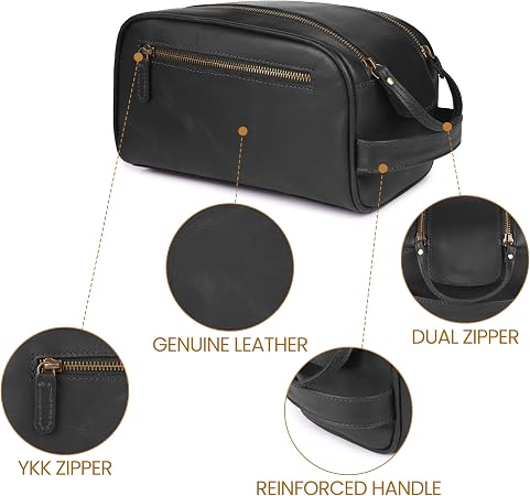 Black Full Grain Leather Toiletry Bag with YKK Zipper