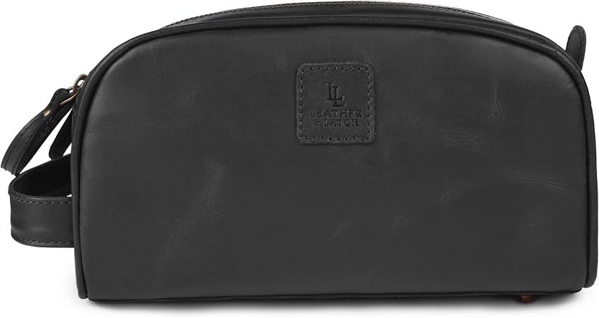 Black Full Grain Leather Toiletry Bag with YKK Zipper