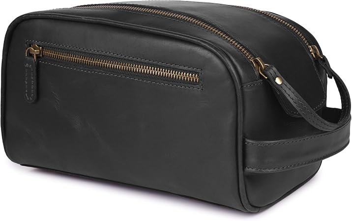 Black Full Grain Leather Toiletry Bag with YKK Zipper