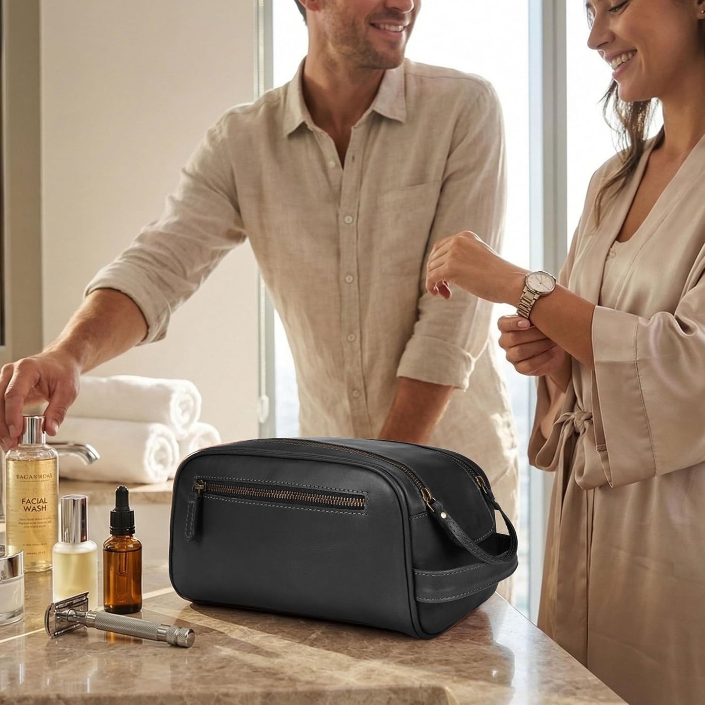 Black Full Grain Leather Toiletry Bag with YKK Zipper