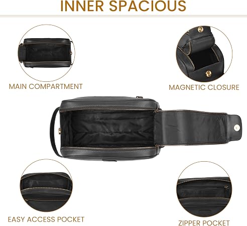 Black Full Grain Leather Toiletry Bag with YKK Zipper