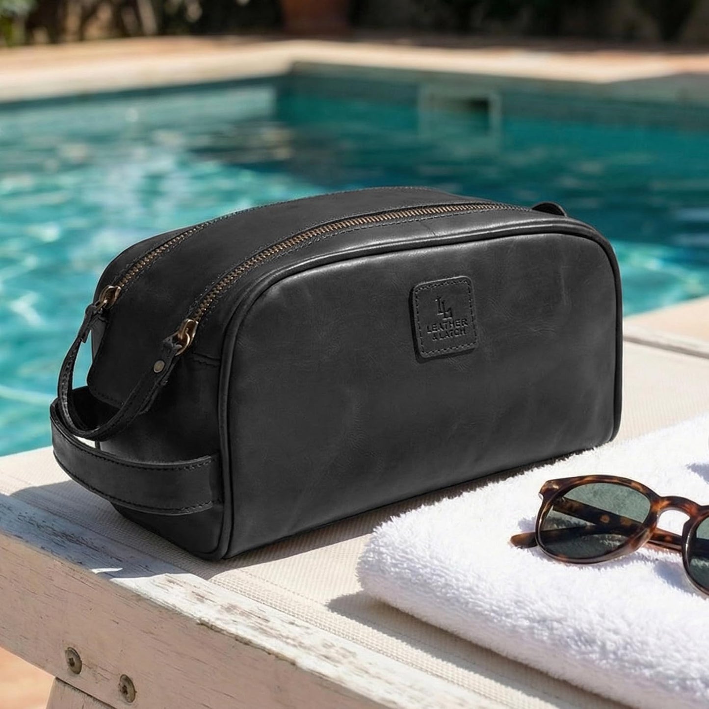 Black Full Grain Leather Toiletry Bag with YKK Zipper