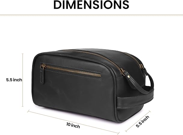 Black Full Grain Leather Toiletry Bag with YKK Zipper