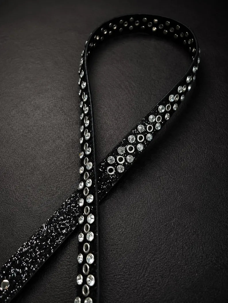 Black Glitter Grommet Rhinestone Belt - Y2K Statement Belt