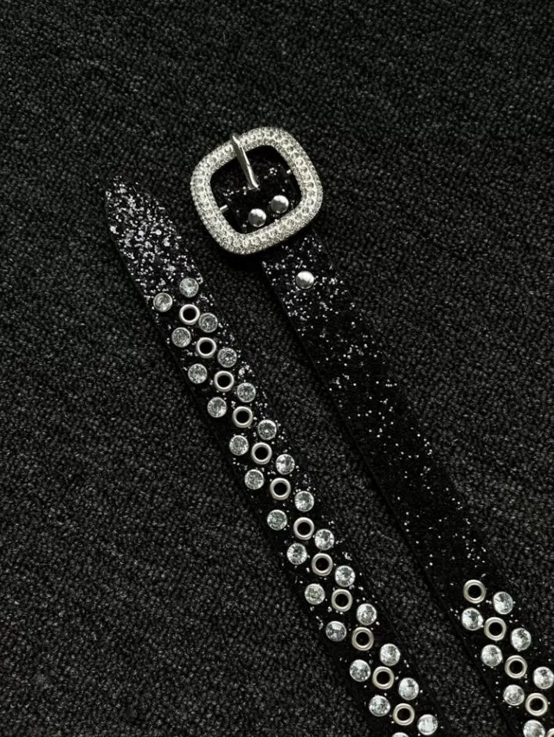 Black Glitter Grommet Rhinestone Belt - Y2K Statement Belt