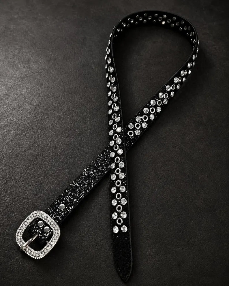Black Glitter Grommet Rhinestone Belt - Y2K Statement Belt