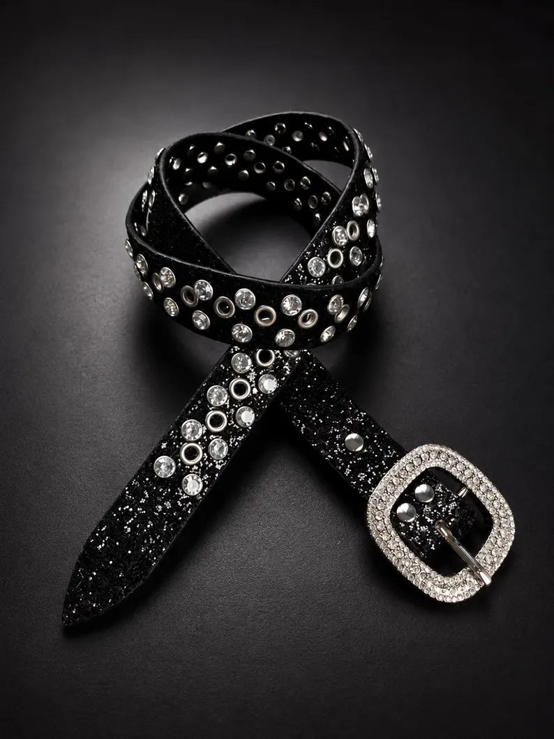 Black Glitter Grommet Rhinestone Belt - Y2K Statement Belt