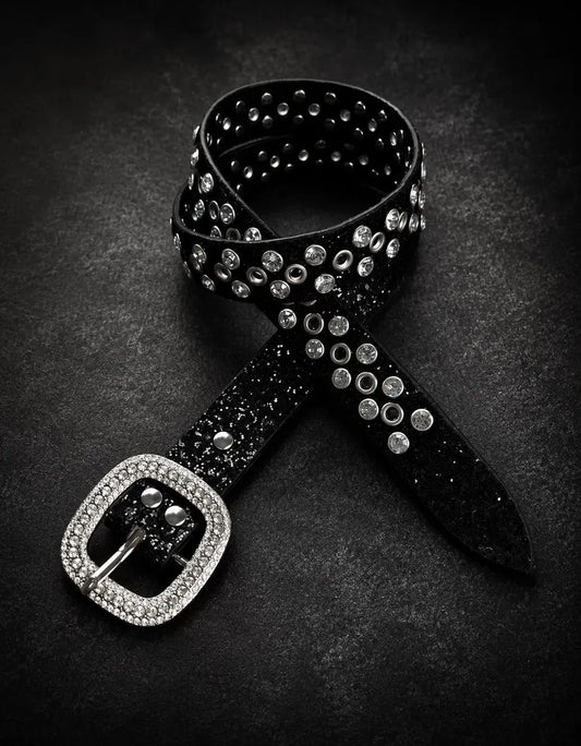 Black Glitter Grommet Rhinestone Belt - Y2K Statement Belt
