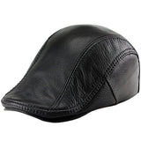 Black Lambskin Leather Flat Cap - Newsboy Beret Style